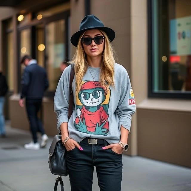 A stylish streetwear-inspired outfit, featuring oversized hoodies, graphic tees, trendy sneakers, and cool accessories for an effortlessly chic urban look.