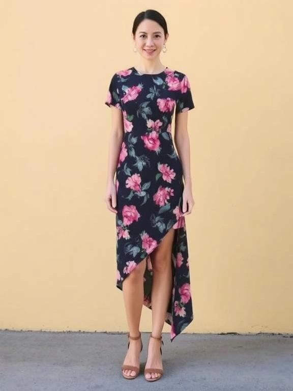 An asymmetrical floral dress with a unique, off-center hemline, adding a modern twist to classic floral prints.