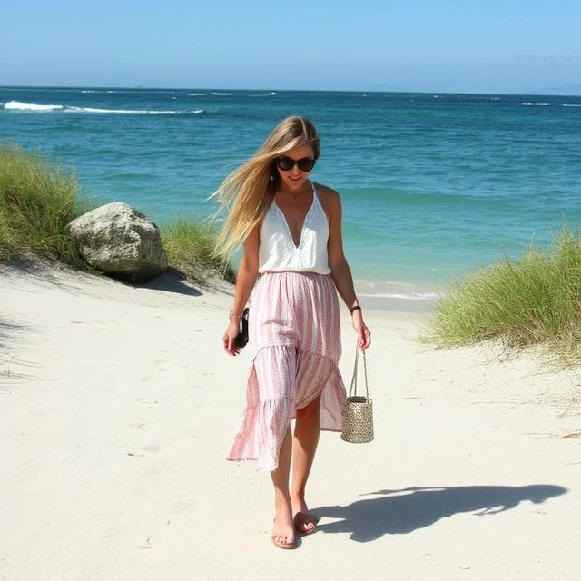 A flowy bohemian-inspired outfit featuring a floral maxi dress, layered jewelry, and natural makeup, embodying an effortlessly free-spirited vibe.