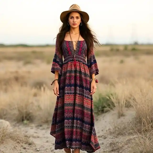 A woman in a flowing bohemian maxi dress, radiating effortless grace and charm.