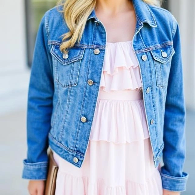 Feminine ruffled sundress styled with a classic denim jacket for a trendy look.