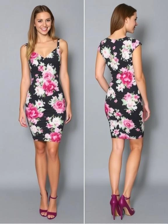  A figure-flattering floral bodycon dress, hugging the curves with vibrant floral prints for a bold, stylish look.