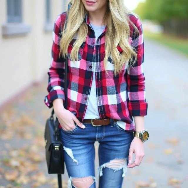 Edgy flannel shirt paired with distressed jeans for a cool grunge-inspired look.