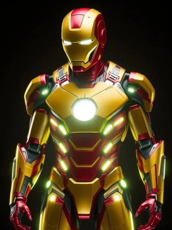  Iron Man in his iconic red and gold armor, blending futuristic technology with bold style.