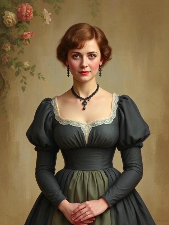 Jane Austen in a simple yet elegant Regency-era dress, reflecting her understated style.