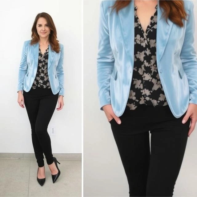 Sophisticated pastel blue velvet jacket paired with black pants for an elegant yet edgy look.