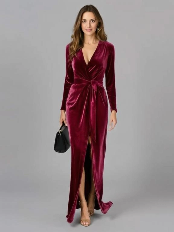 A luxurious velvet wrap dress in rich fabric, offering sophistication and elegance for formal or evening occasions.