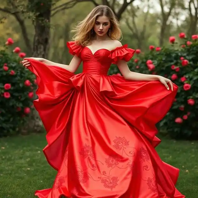 Vibrant red silk Rococo dress with romantic ruffles.