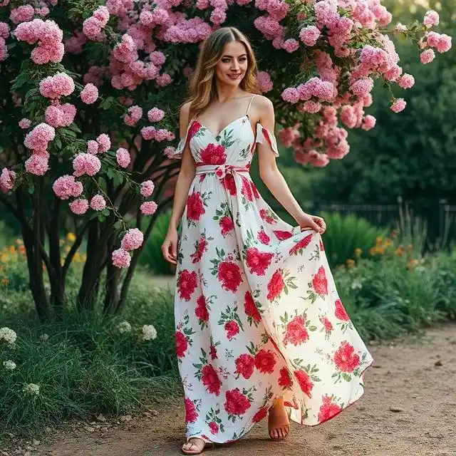 A woman in a romantic floral maxi dress, gracefully twirling in a sunlit garden, radiating elegance and femininity.