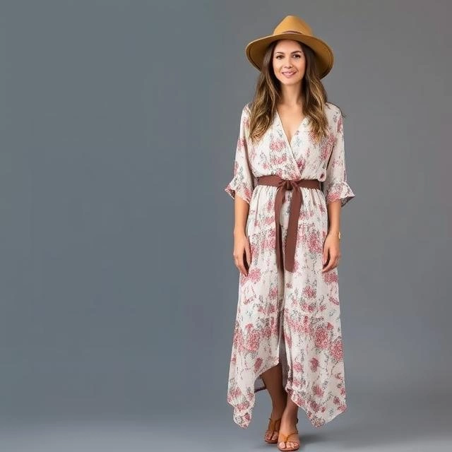 Woman in a bohemian wrap dress cinched with a statement belt, radiating effortless boho elegance.