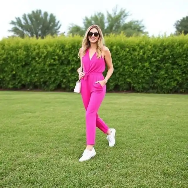 Bold pink jumpsuit styled with fresh white sneakers for a trendy and modern look.