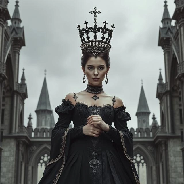 Dark and dramatic gothic royalty dress with bold details.