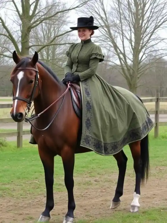 Victorian riding attire showcasing horseback elegance.