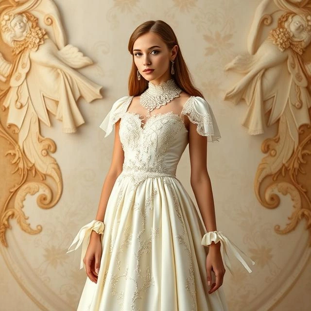 Ivory silk Rococo dress featuring beaded embellishments.