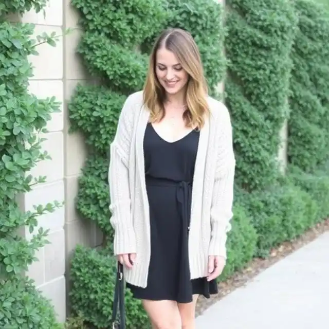 Stylish slip dress layered with a chunky sweater for a cozy and chic look.