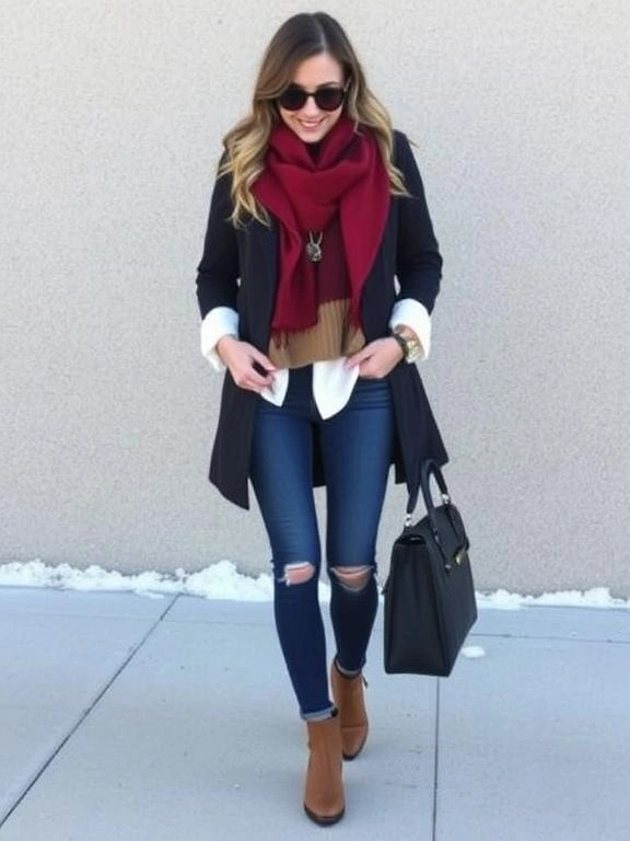 A layered winter outfit featuring a cozy jacket, sweater, and scarf, providing warmth without sacrificing style.