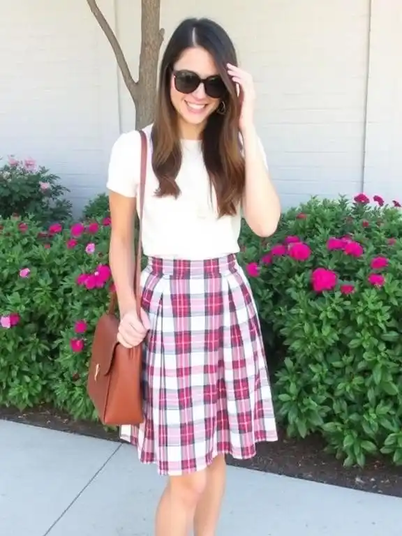 A plaid skirt paired with a cropped top, creating a trendy, modern prep look with a youthful edge.