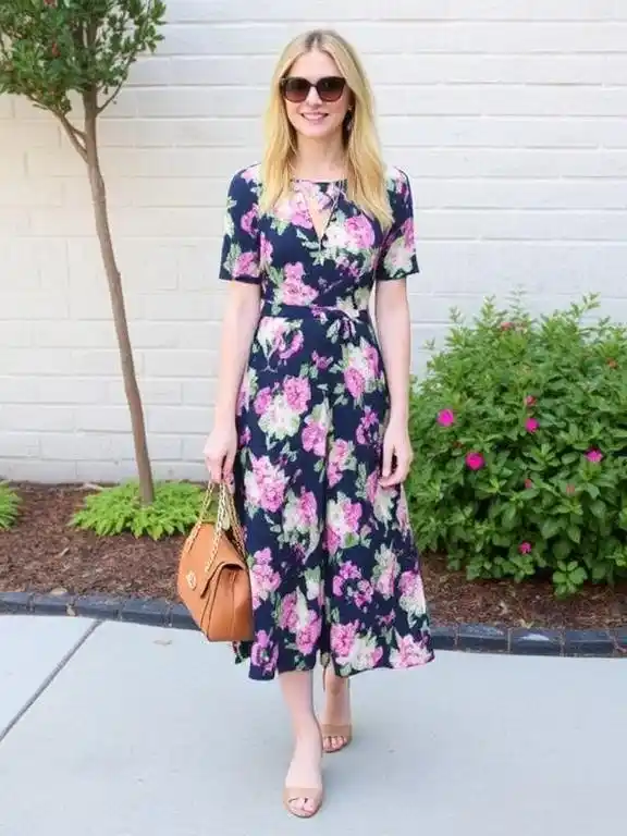 A versatile midi floral dress with a flattering cut, perfect for transitioning from day to night with its elegant yet casual style.