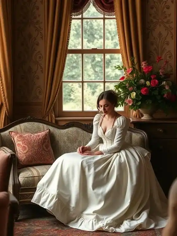  A Regency-era gown with delicate fabrics and intricate detailing, capturing the elegance of Pride & Prejudice.