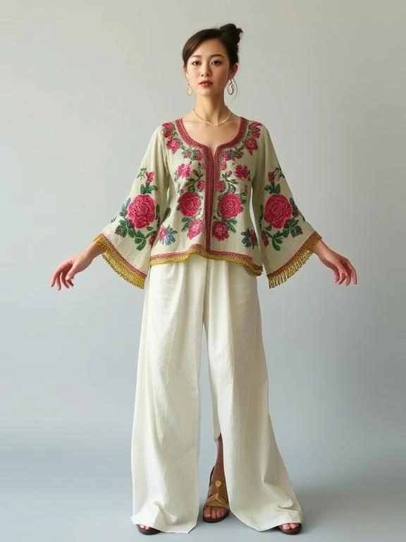 An embroidered blouse paired with wide-leg pants, offering a creative, bohemian-inspired look that’s stylish and comfortable.