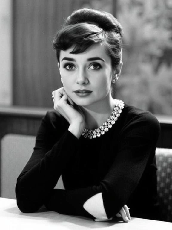 Audrey Hepburn in a classic black dress, embodying her timeless chic and elegant style.