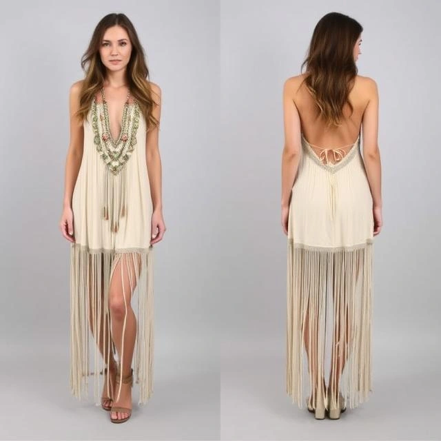 A bohemian maxi dress adorned with beads and fringe, exuding a free-spirited vibe.