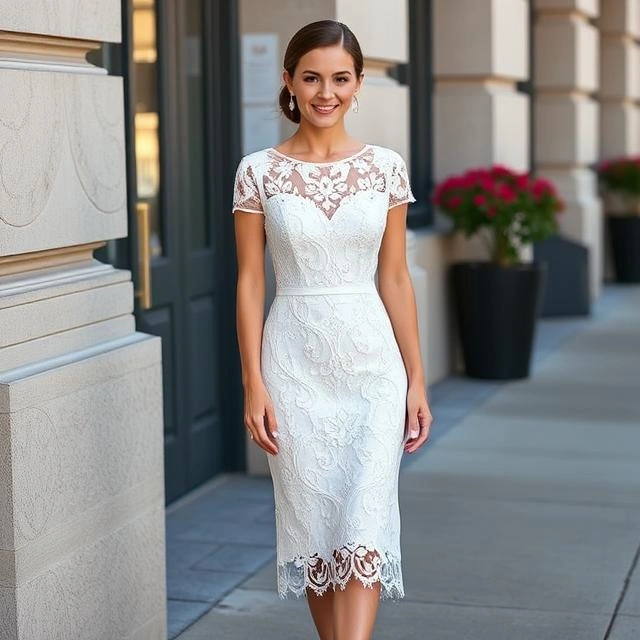 Plus-size lace sheath dress offering effortless elegance for wedding guests.