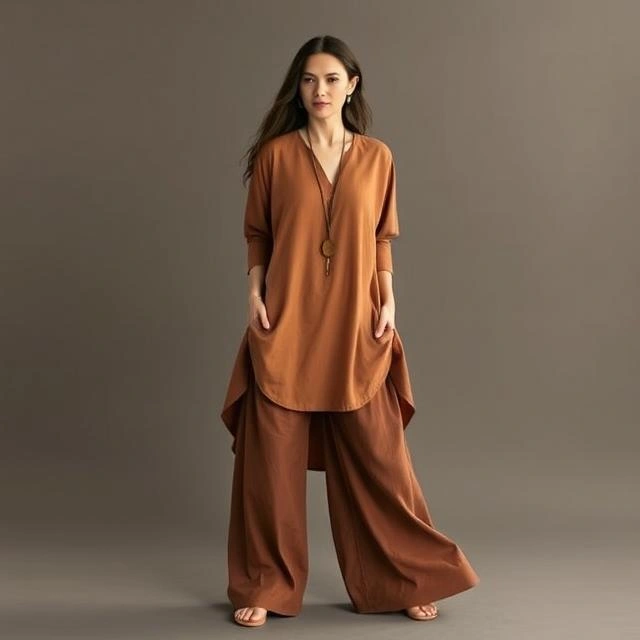 Woman wearing an earthy tunic with flowing wide-leg pants, showcasing a relaxed boho-chic style.