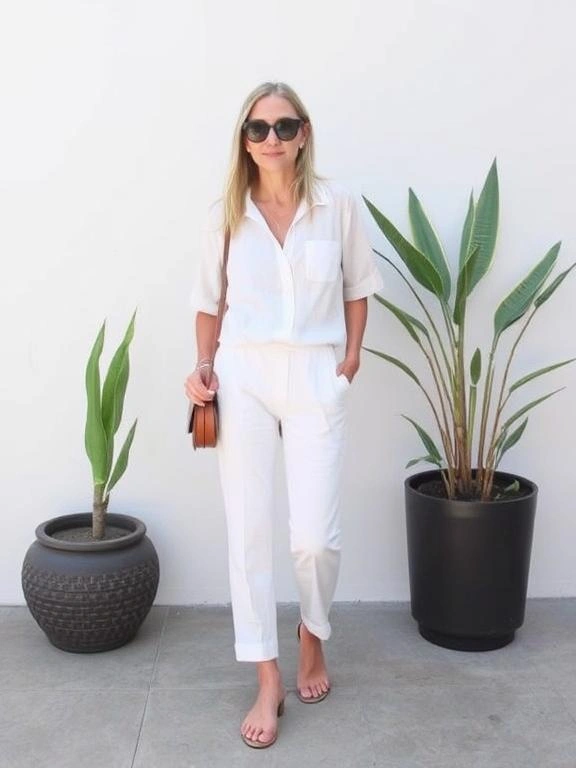 A light, airy summer linen suit in soft colors, offering a relaxed yet refined look for warm weather.