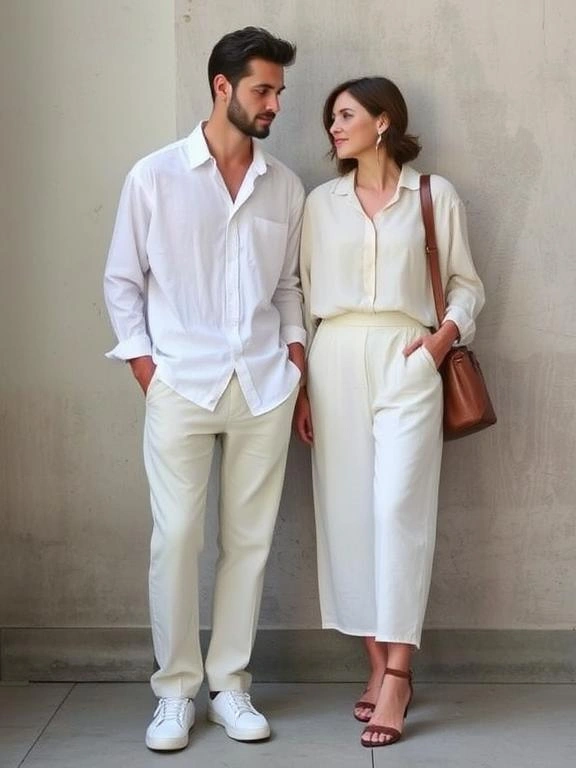 Relaxed linen trousers paired with a matching linen shirt.