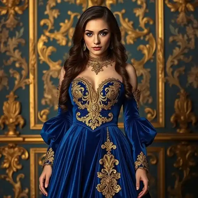 Regal blue velvet Rococo dress with golden embellishments.