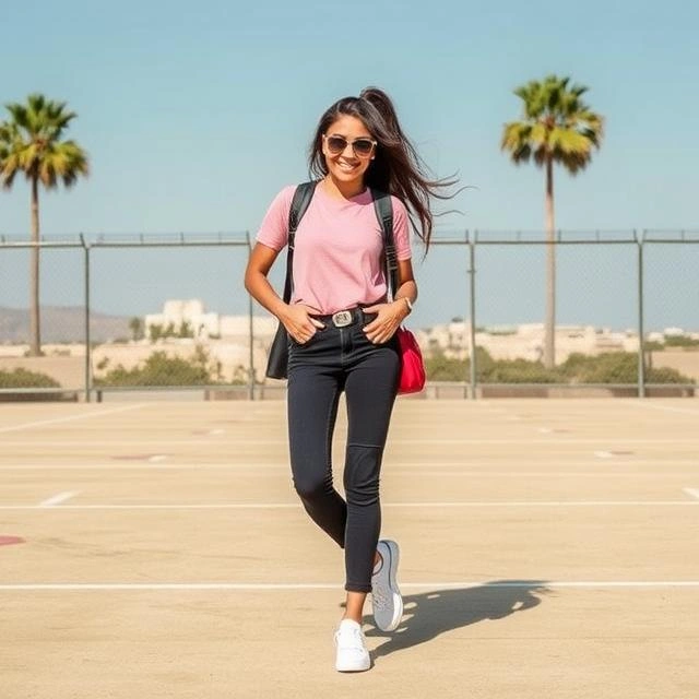 Sporty Spice-inspired casual outfit featuring track pants, a crop top, and stylish sneakers.