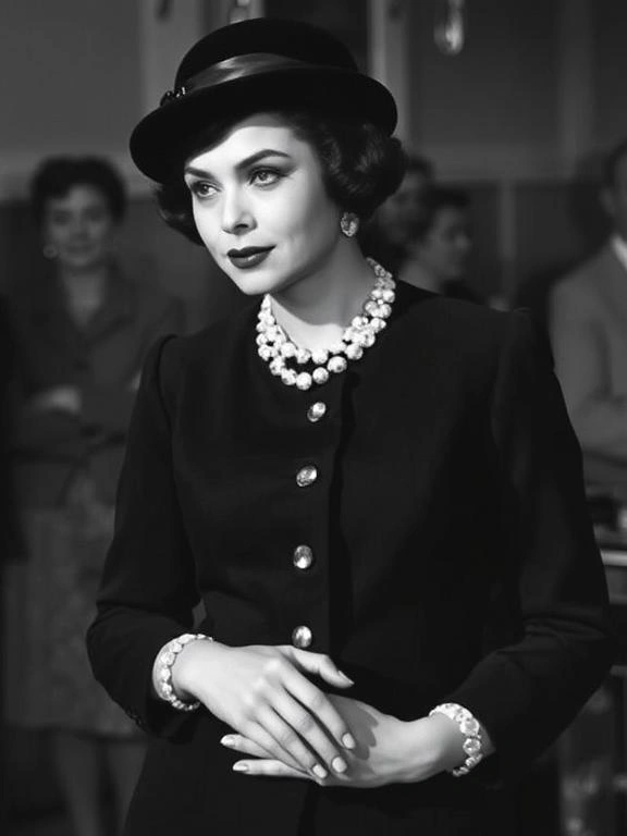 Coco Chanel in a sleek, elegant outfit, showcasing her groundbreaking, modern fashion style.