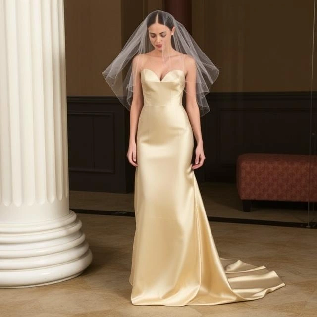 An elegant silk satin gown with a delicate tulle overlay, creating a soft, luxurious look.