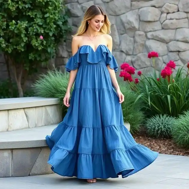 Woman in a graceful ruffled maxi dress layered with a denim jacket, exuding boho-chic elegance.