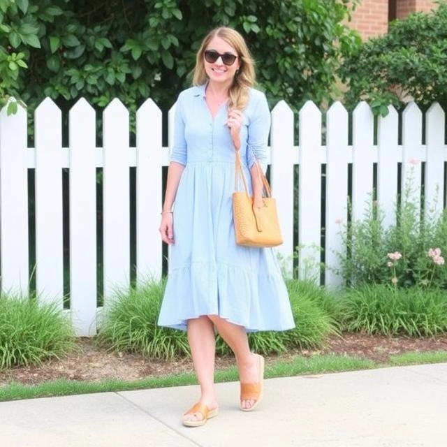 Light blue midi dress paired with stylish espadrilles for a fresh and elegant look.