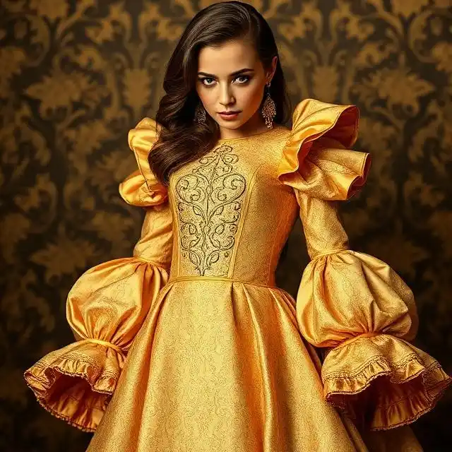 Majestic gold brocade Rococo dress with silk detailing.