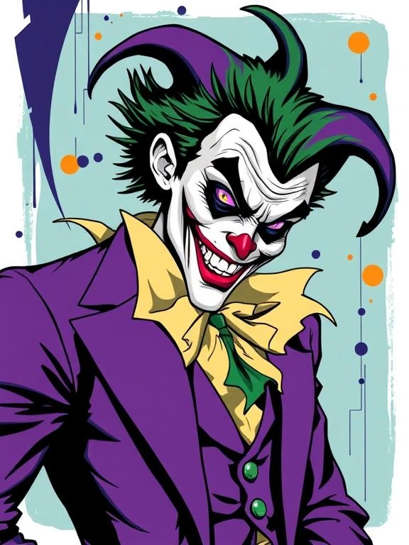 The Joker in his eccentric purple suit, exuding chaos with bold colors and mismatched patterns.