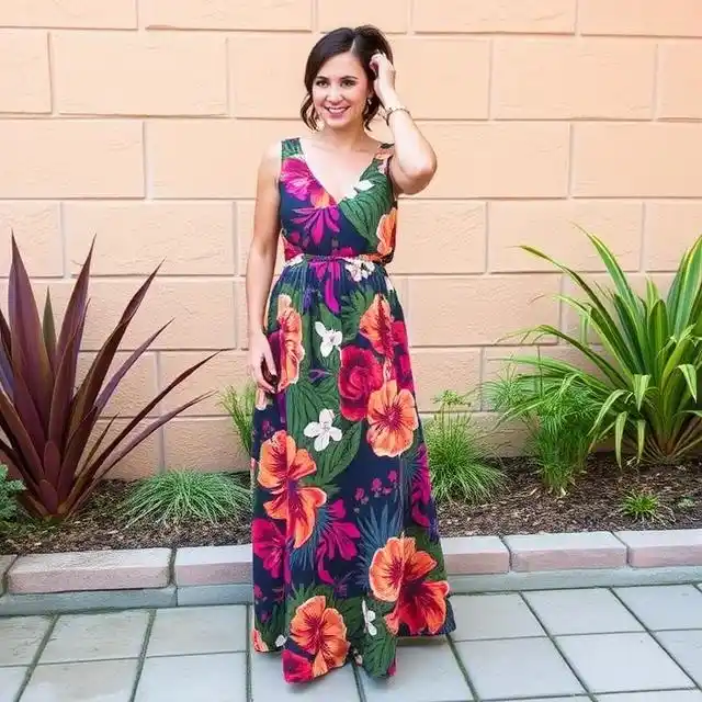 A vibrant maxi dress featuring bold, colorful prints and eye-catching patterns.