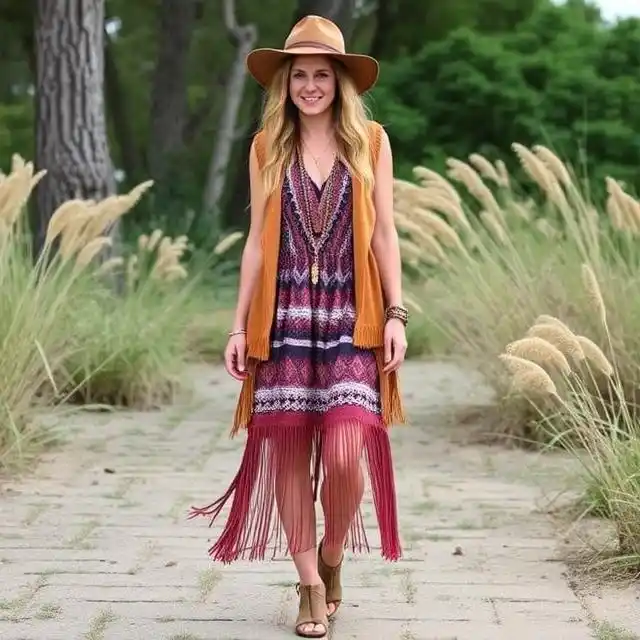 Woman wearing a festival-ready fringed hem dress with a boho vest, radiating free-spirited style.