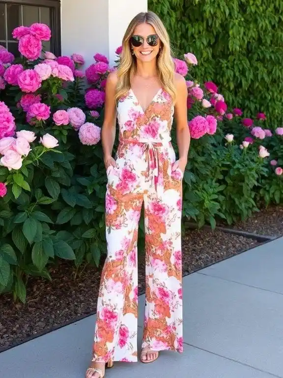 A bold and beautiful floral jumpsuit, combining vibrant blooms with a sleek, one-piece design for a striking and stylish look.