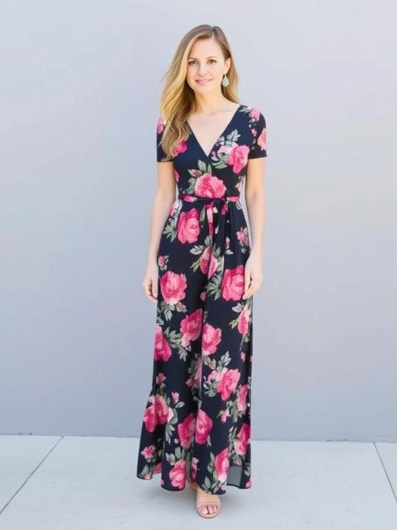 A floral maxi dress cinched with a belt, combining effortless elegance with a flattering silhouette for a chic, feminine look.