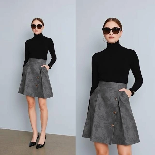  A stylish Prada turtleneck and skirt set, showcasing modern chic fashion.