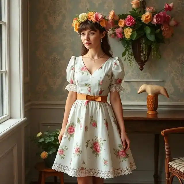 A woman in a vintage-inspired tea dress, styled with classic accessories and soft curls, exuding retro elegance and charm.