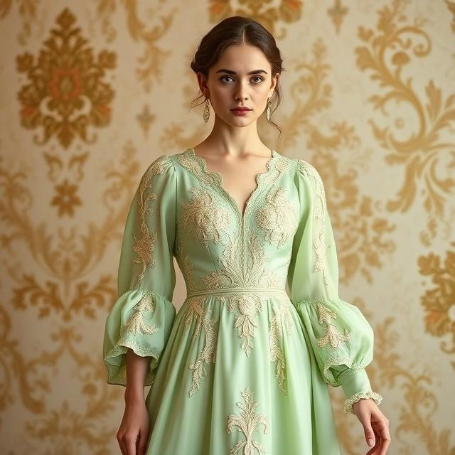 Serene pastel green silk Rococo dress with intricate embroidery.