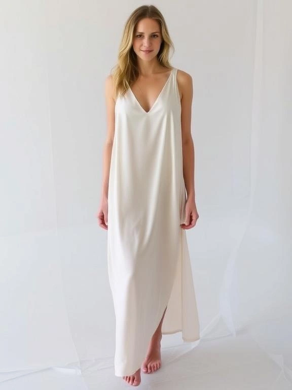 A sleek silk slip dress with a smooth, minimal design, offering understated elegance and refined simplicity.