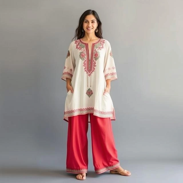  Woman in an artisan embroidered tunic paired with breezy wide-leg pants, exuding relaxed boho elegance.