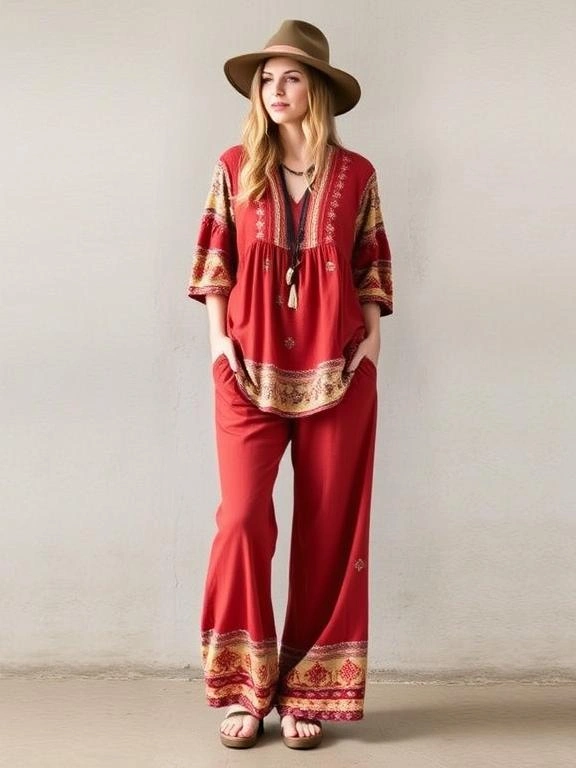 A bohemian-inspired peasant top paired with wide-legged pants, offering a relaxed, free-spirited style.