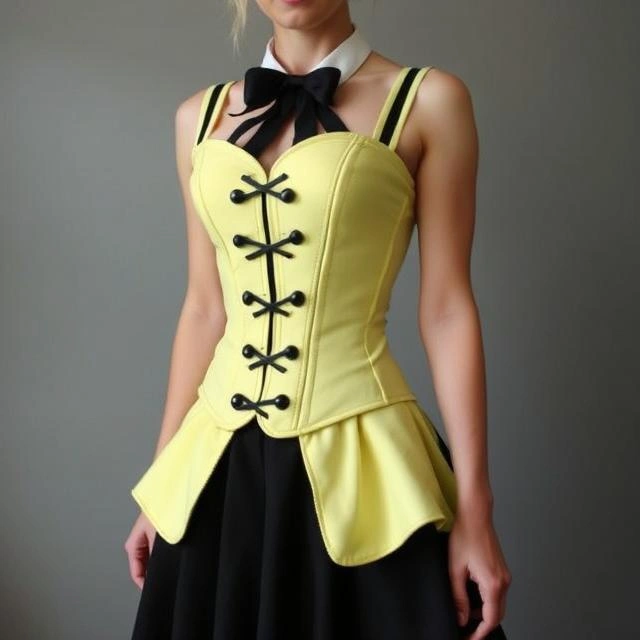 Bold pastel yellow gothic corset paired with a black skirt for a playful and edgy look.