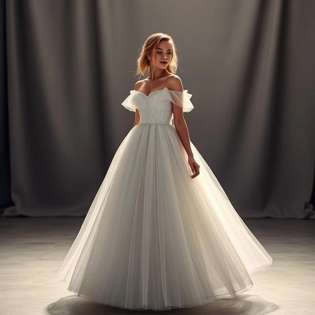 Plus-size off-shoulder tulle dress with a dreamy, fairytale-inspired design for wedding guests.